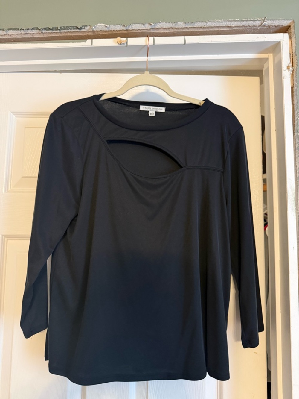 Green Envelope Black Long Sleeve Top with Front Cutout